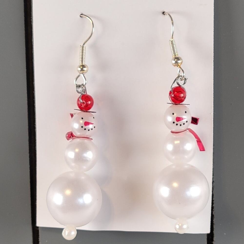 Handmade Snowman Earrings White Bead Holiday Drop Pierced Hook 2.25" Dangle